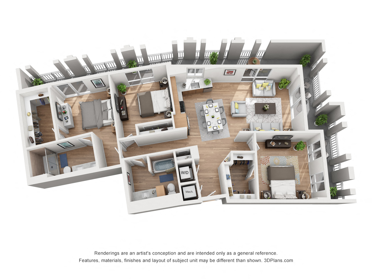 Floor plan for 3 beds, 2 baths, 1552 sqft